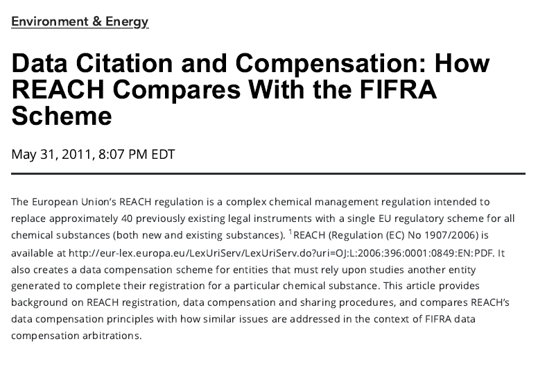Data Citation and Compensation: How REACH Compares With the FIFRA SchemeData Citation and Compensation: How REACH Compares With the FIFRA Scheme